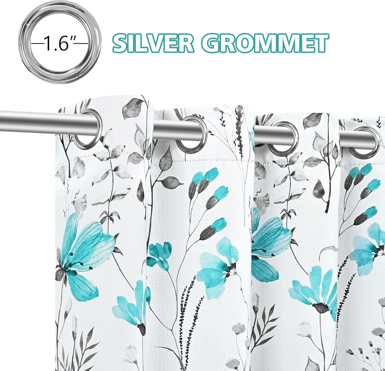 Alishomtll Teal Floral Blackout Curtains for Living Room Bedroom Energy Efficient Thermal Insulated Grommet Window Drapes, 52"x 84",Set of 2