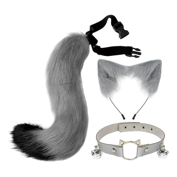 Juego de 3 orejas y cola de zorro de peluche, accesorios para el cabello, diadema con orejas de gato para cosplay de Lolita gris