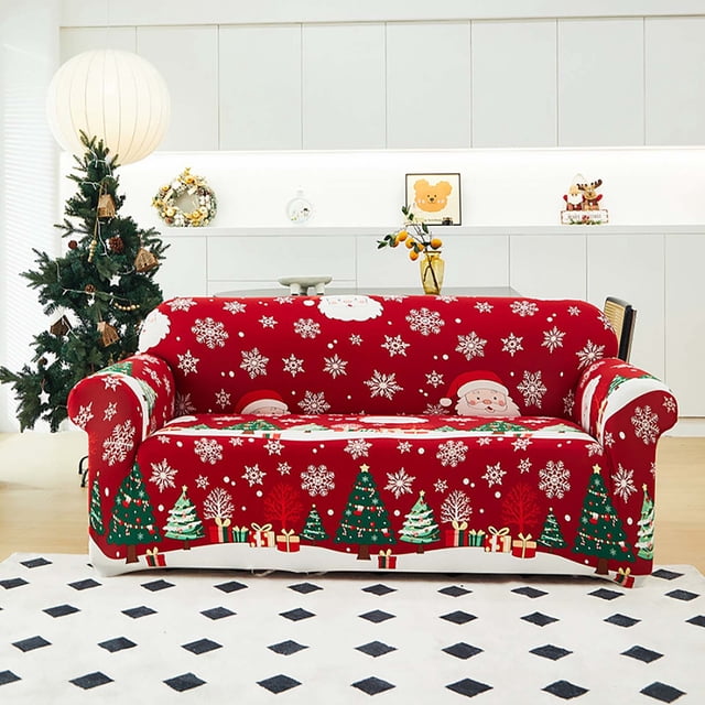 Christmas Elastic Full-Cover Sofa Slipcover | Red Polyester Stretch Sofa Protector | Dirtproof Nonslip Couch Cover | Festive Decorative Sofa Cover for Living Room Dining Room Party