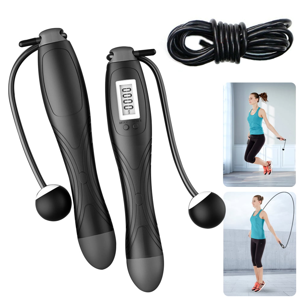 Black Fitness Skipping Rope with Digital Counter for Kids Women Men Adjustable Smart Jump Rope Weighted Jump Rope Calories Time Setting 