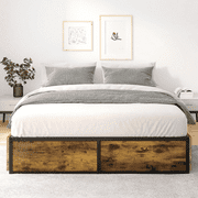 Einfach Full Size Metal Platform Bed Frame with 4 XL Storage Drawers and Footboard, Unique Design, Brown