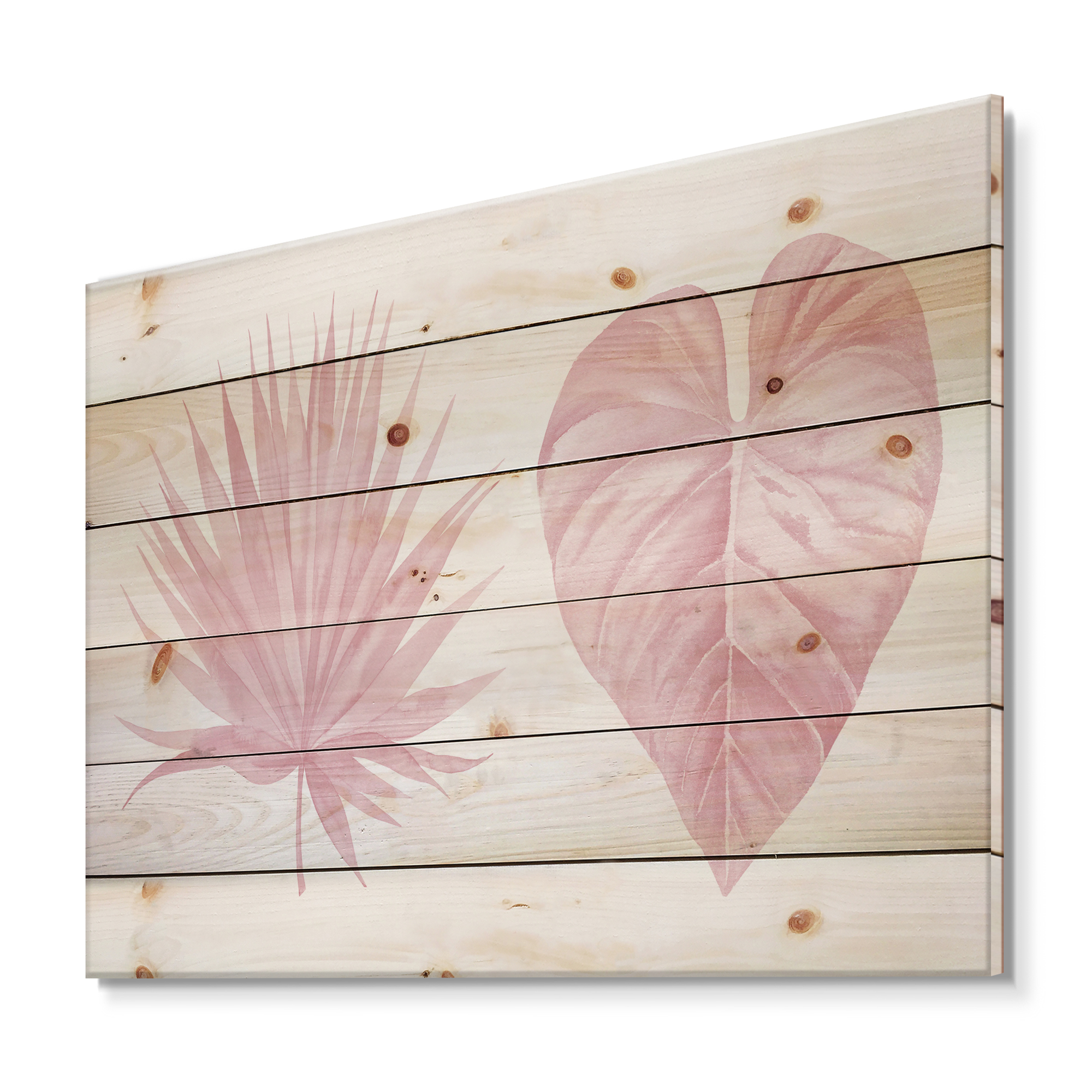 Designart 'Tropical Pink Watercolour Leaves On White II' Shabby Chic Print on Natural Pine Wood