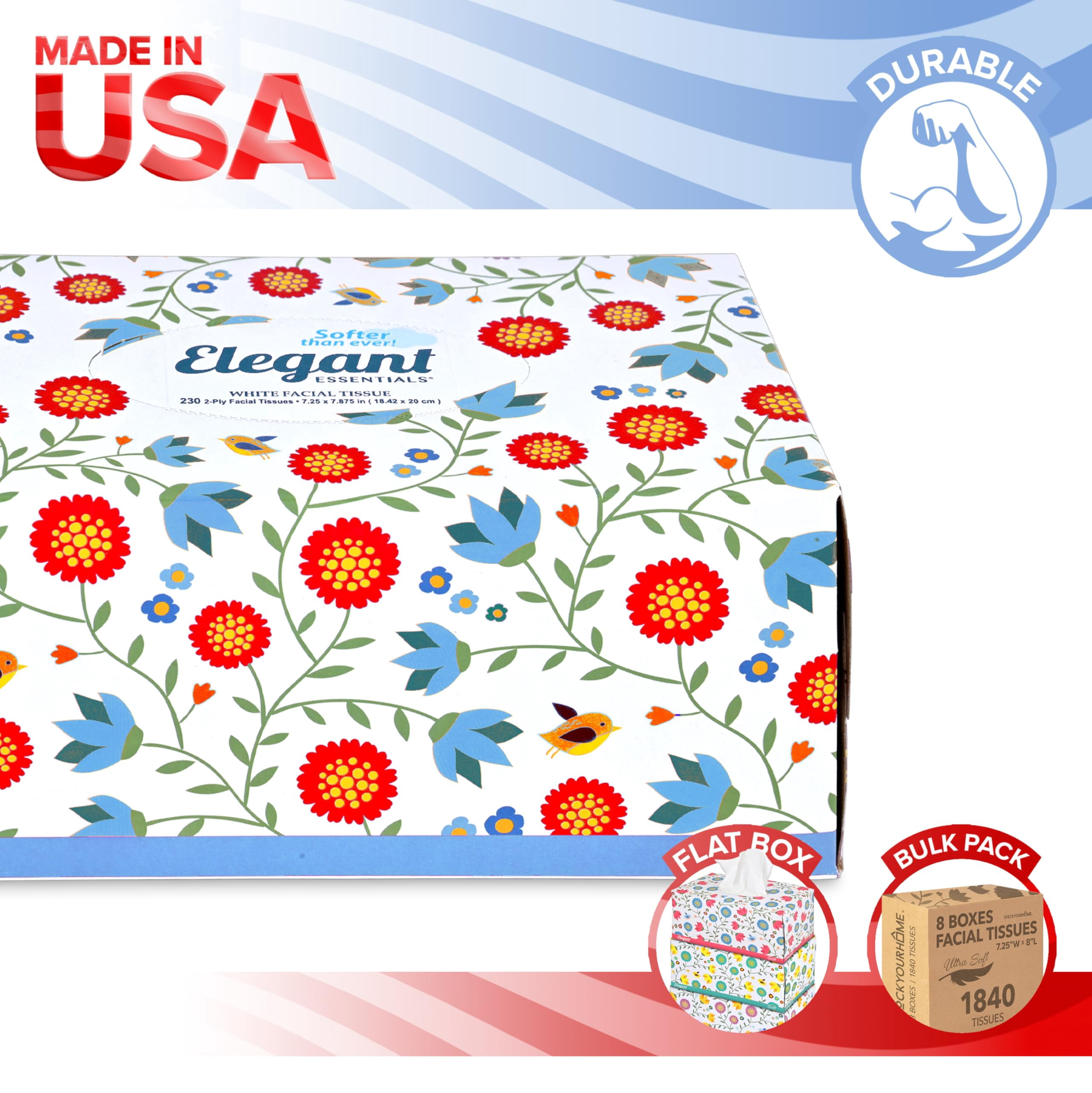Premium Bulk Tissues, 8 Tissue Boxes of 230 Count Tissues, 2-Ply Soft Facial Tissues for Offices or School, Made in the USA, 1840 Total Count Bulk Face & Nose Tissue Paper for Home