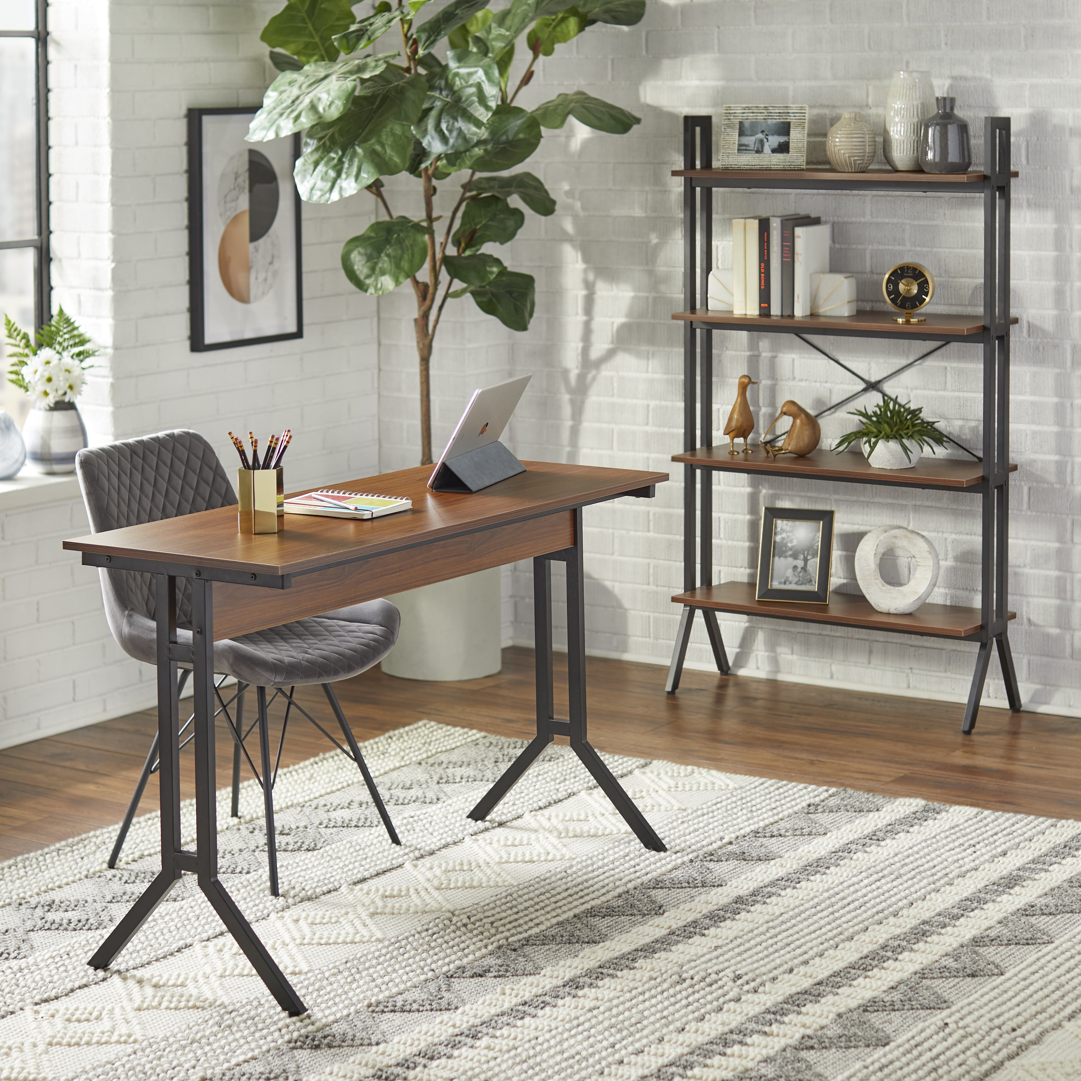 TMS Connection 4-Tier Medium Wood Bookshelf, Walnut Finish for Adults