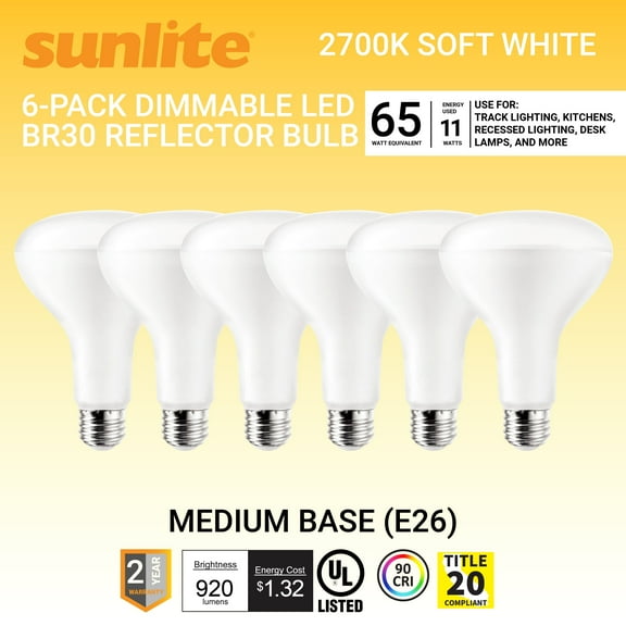 Sunlite LED BR30 Light Bulb, 11W (65W Equivalent), 920 Lumens, 2700K Soft White, Dimmable, Medium E26 Base, Title-20 Compliant, 6-Pack