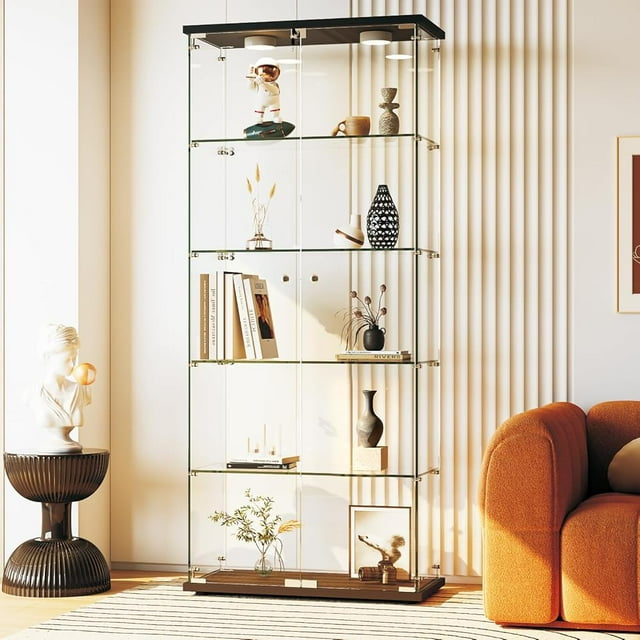 Ourlova 5-Tier Display Cabinet with Dual Glass Doors – Tempered Glass Curio Cabinet with Human Body Sensor & 3-Color LED Lights
