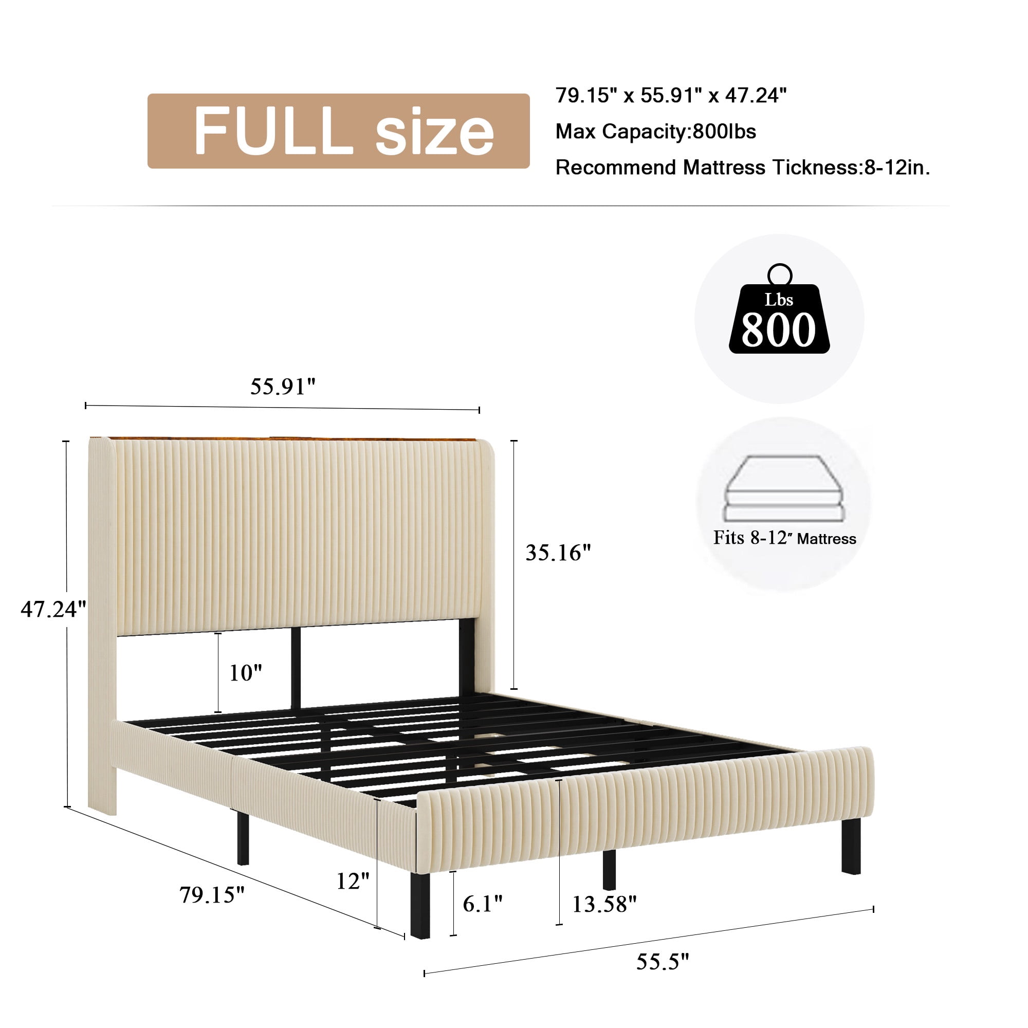 PORKISS Full Bed Frame with Storage Headboard, LED Lights & USB/Type-C Charging Station, Cream White Upholstered Platform Bed Frame, Heavy-Duty Metal Slats, No Box Spring Needed