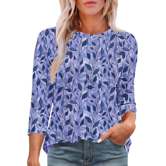 Jsaierl 3/4 Length Sleeve Womens Tops Plus Size Crew Neck Shirts Fashion Print Ladies Blouses Classic Cotton Tunic Top S-2XL
