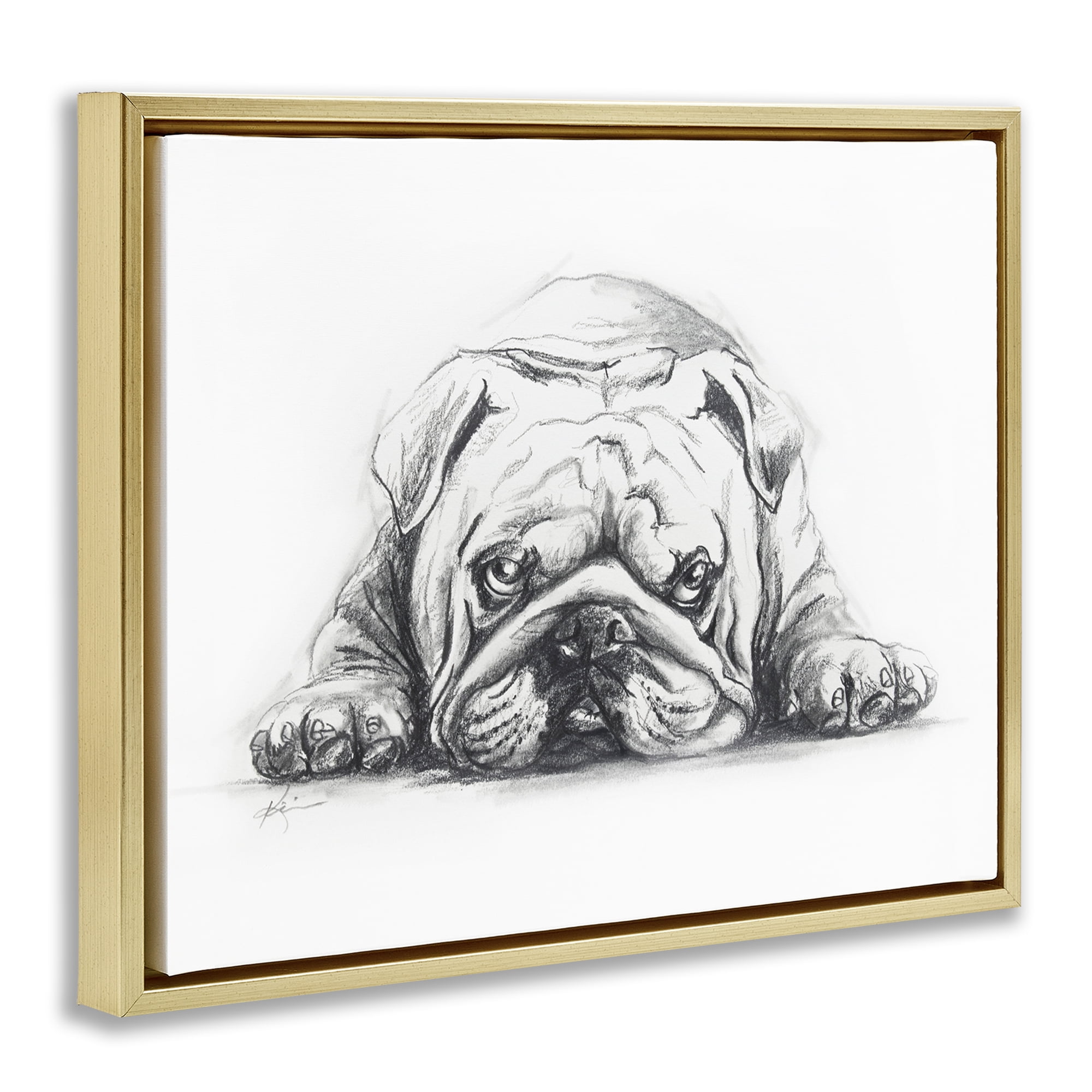 Stupell Industries Bulldog Puppy Naptime Animals Drawing Gold Floater Framed Canvas Art Print Wall Art, 31 x 25