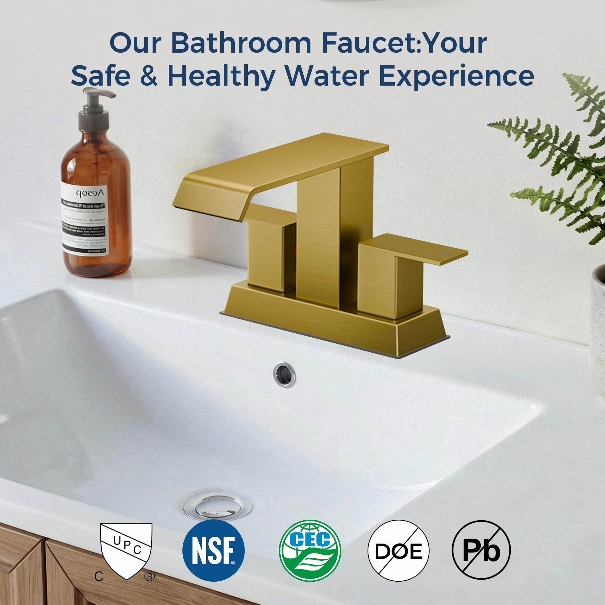 TVOFEK Waterfall Bathroom Faucet, 4 inch Brushed Gold Water Faucet for Sink 3 or 2 Hole with Metal Pop up Drain, Stainless Steel Faucet for Vanity RV