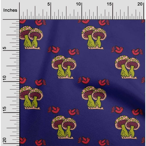 oneOone Cotton Cambric Fabric Bird & Mushroom Block Print Fabric BTY 56 Inch Wide