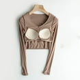 thumbnail image 4 of XFLWAM Women's V Neck Long Sleeve Basic T Shirt with Built in Bra Slim Fit Solid Color Padded Crop Top Sexy Bodycon Tee Khaki M, 4 of 9