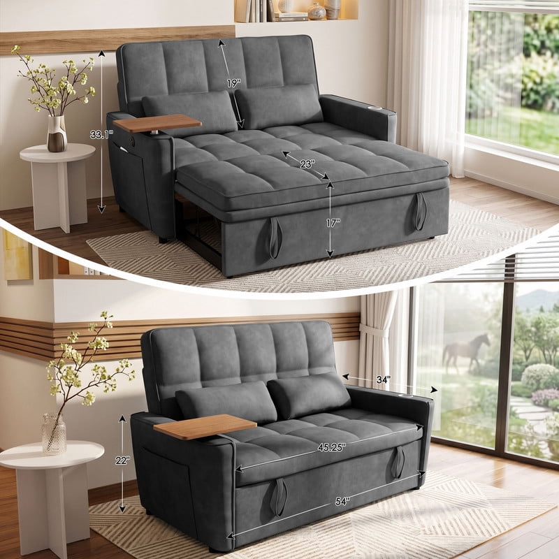 Anpport 3‑in‑1 Convertible Sleeper Sofa Bed, Pull‑Out Sofa with Side Desk, USB Ports, Cup Holders, Storage Armrests & Adjustable Backrest for Living Room Apartment, Dark Gray