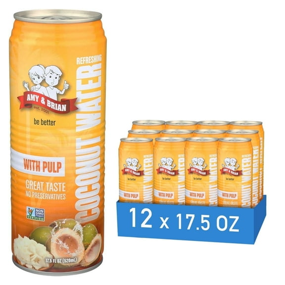 Official Amy & Brian Pure Coconut Water with Pulp, 17.5 fl oz (pack of 12 Cans) | Non-GMO & No Added Sugar