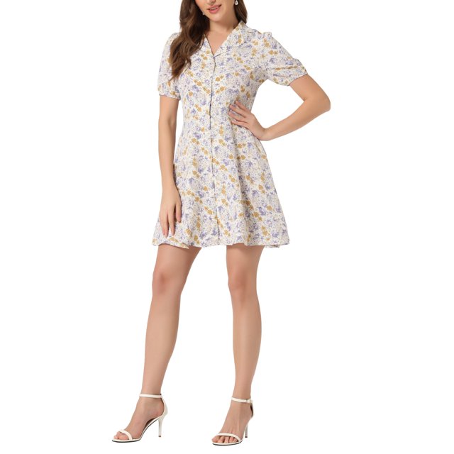 INSPIRE CHIC Robe Trapèze à Fleurs Vintage pour Femme à Manches Courtes, Col de Camp, Boutonnée, Blanche, TG