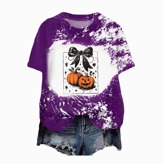 NOLDARES Halloween Bow Pumpkin Shirt for Women Spooky Season Graphic T Shirt Fall Halloween Short Sleeve Tee Tops,Purple,L
