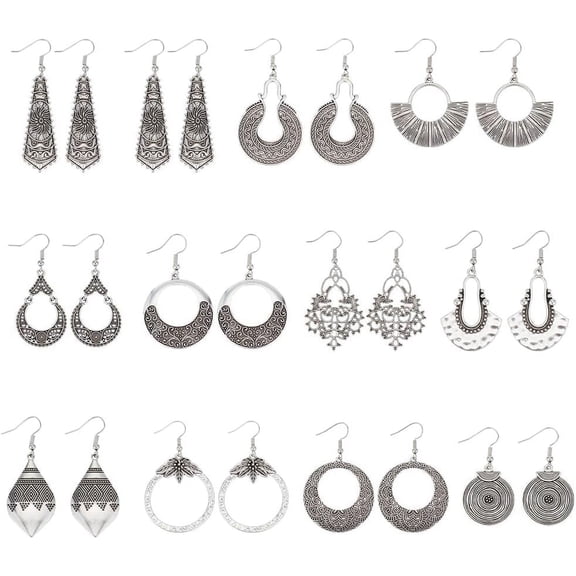12 Style Antiqued Tibetan Silver Earring Engraved Earrings Vintage Dangle Earrings for Women Retro Ethnic Earrings Jewelry Tibetan Flower Earring Drop Assorted Pack