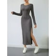 thumbnail image 6 of Women'S Fall Long Sleeve Casual Ribbed Knit Slim Fit Elegant Crew Neck Side Slit Maxi Dresses Dark Gray M, 6 of 8