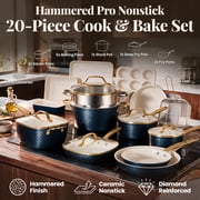 Gotham Steel Hammered 20 Pc Ceramic Cookware Set Nonstick, Induction Pots and Pans Set, Non Toxic Cookware Sets, Oven & Dishwasher Safe, Navy/Gold