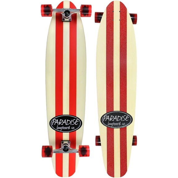 Paradise Longboard Kicktail Complete Cruiser Skateboard, Red Stripe, 9" x 44"