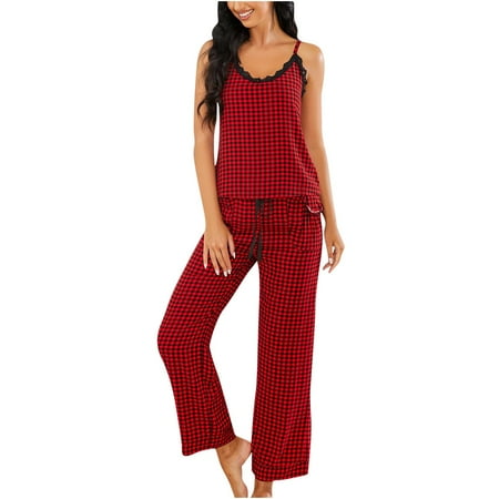 

Womens Plaid Pajamas Set V-Neck Lace Trim Spaghetti Strap Cami Top and Pants Sleepwear Comfy Ladies Lounge Pjs Set