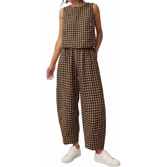 Wrongduck Womens Cotton 2 Piece Set Plaid Sleeveless Top Wide Leg Pants Summer Lounge Outfit Matching Vacation Travel Casual Outfit 2026