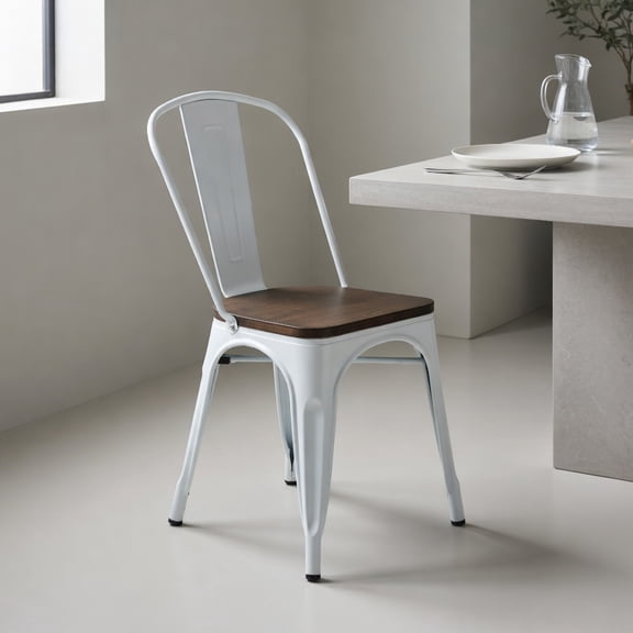 Resenkos Dining Chairs, Kitchen Chairs Trattoria Chairs,4 Pieces Tolix Style Metal Dining Side Chair Stackable Wood Seat-White
