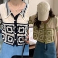 thumbnail image 6 of Yokua Hollow out Knit Tank Top Women Vintage Sweet Crochet Short Sleeve T Shirt, 6 of 20