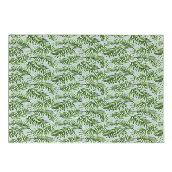 Palm Leaf Cutting Board, Exotic Pattern with Tropical Leaves in Watercolor Art Style Jungle Luau Hawaii, Decorative Tempered Glass Cutting and Serving Board, Small Size, Fern Green, by Ambesonne