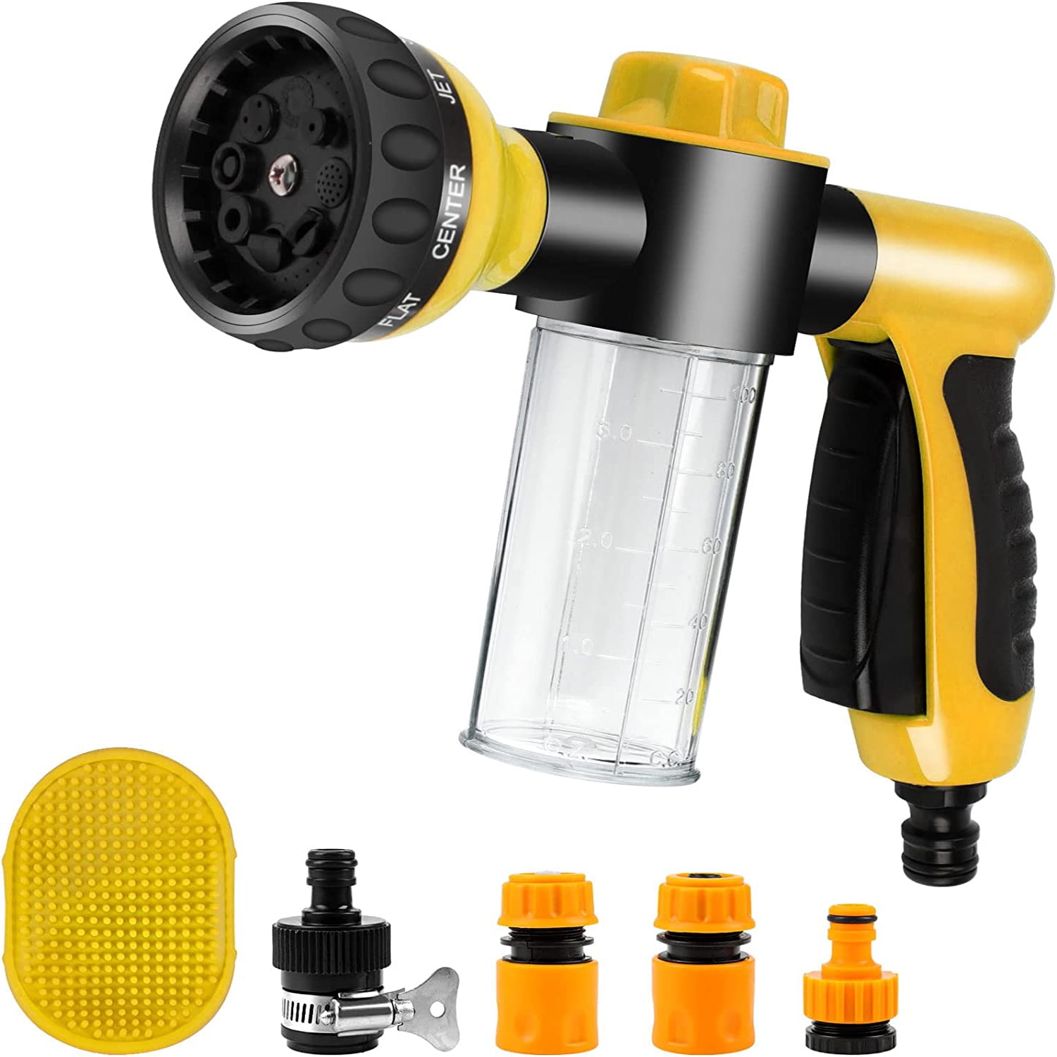 Oneisall 6 Pieces Pet Bathing Tool Set Include Hose Spray Nozzle Livestock Foamer Soap Dispenser with Connectors and Dog Rubber Comb Brush, Dog Bathing Sprayer for Pets Showering, Yellow