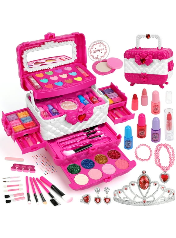 Kids Makeup Kit for Girl Toys, Sendida 60PCS in 1 Toys for Girls Real Washable Makeup Girls Princess Gift Play Make Up Toys Makeup Vanities for Girls Age 4 5 6 7 8 9 Birthday (Rose)