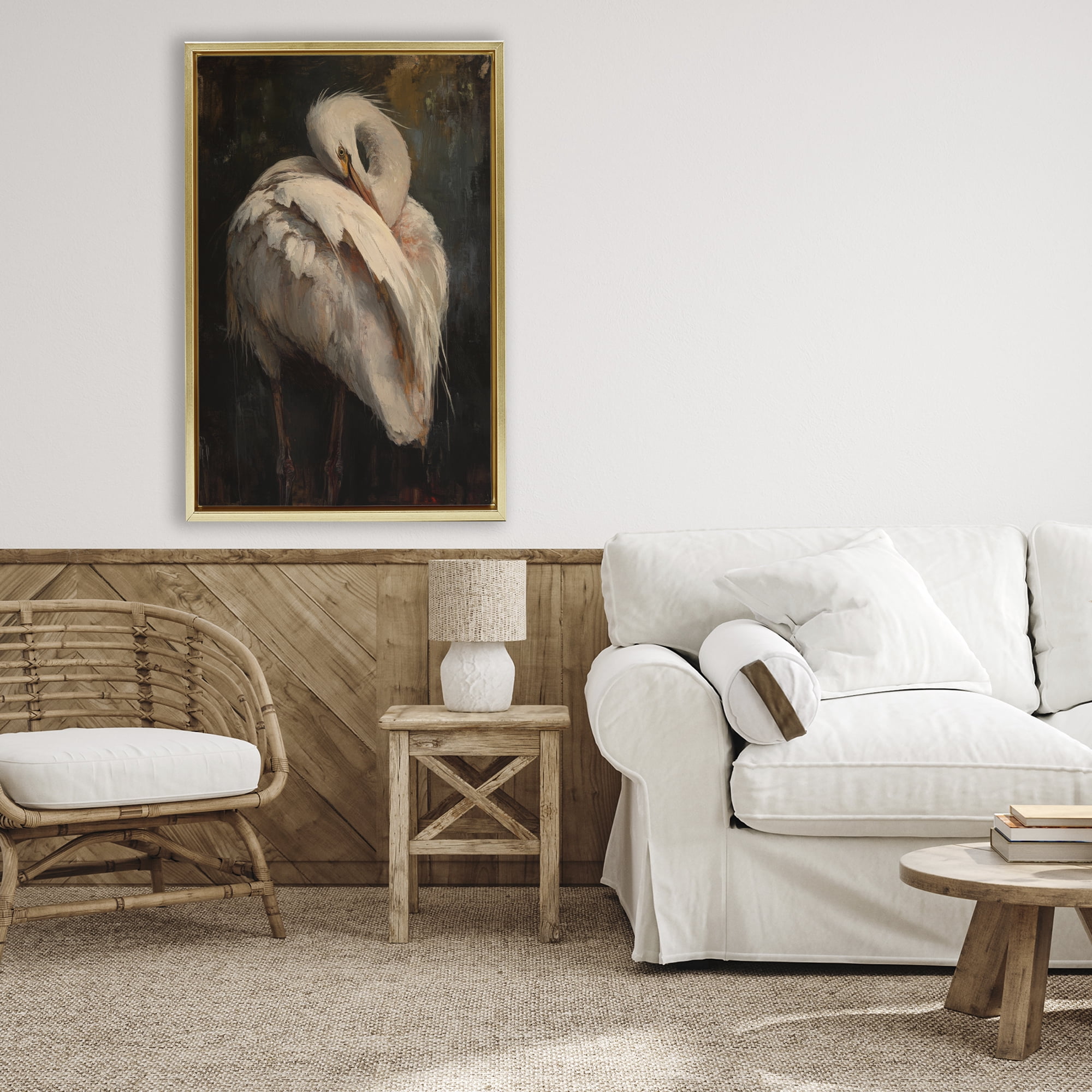 Stupell Industries Sleeping Egret in Golden Light Gold Framed Floater Canvas Wall Art, design by Petal Prints Design