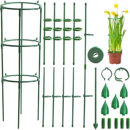 10pcs Plant Support Sticks with Clips 12pcs Multi-Layer Stackable Adjustable Plant Support Stakes Round Cage Holder 5pcs Connect Pipes with a Roll Green Ties for Indoor Outdoor Pots Plants