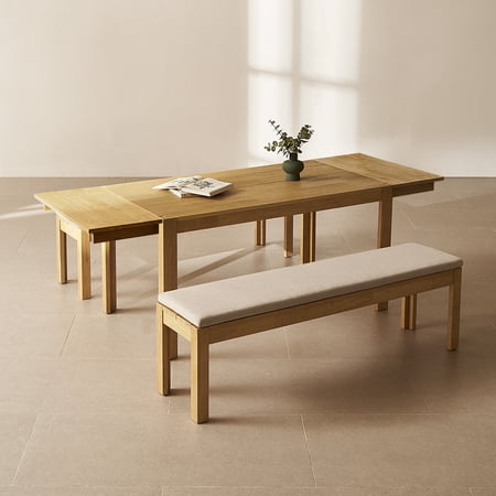 Mopio Logan Upholstered Beige Dining Chair Set of 2 and 64 Bench Modern Farmhouse Solid Wood 4 Piece 91 Extendable Dining Table Set for Dining Room Kitchen