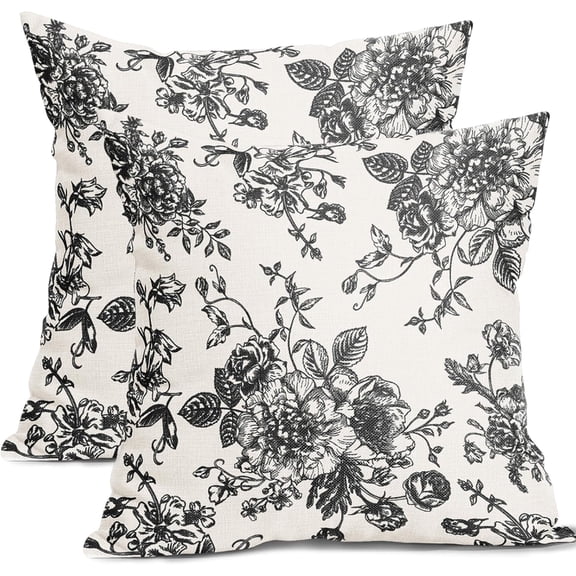 Blue Floral Pillow Covers 18x18 Inch Vintage Flower Blue White Decorative Throw Pillow Covers Set of 2 Chinoiserie Pillowcases Cotton Linen Square Cushion Covers For Couch Bed Sofa Chair Car Decor