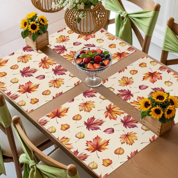 Fall Orange Maple Leaf Placemats Set of 4,Wipeable Washable Table Mats for Dining Tables, Thanksgiving Plant on Retro Back Place Mats for Kitchen Event Party Tabletop Decor