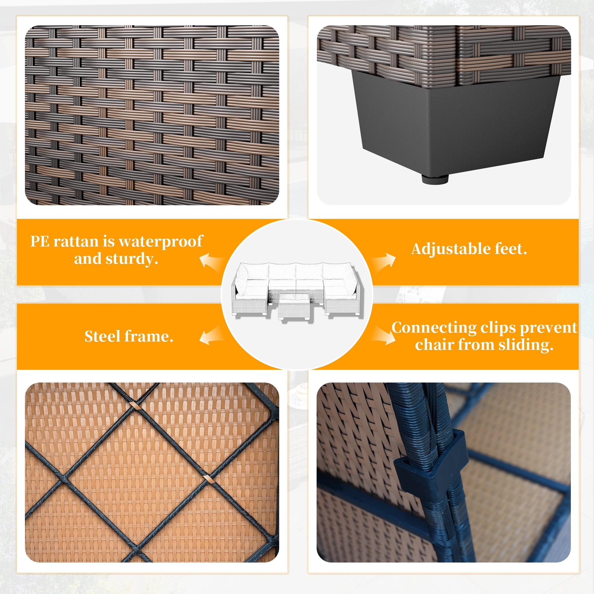 JORVIMAX 7 Piece Patio Furniture Set Outdoor Conversation Sets All-Weather Brown Rattan Wicker Patio Sectional Sofa with Cushions Dark Gray