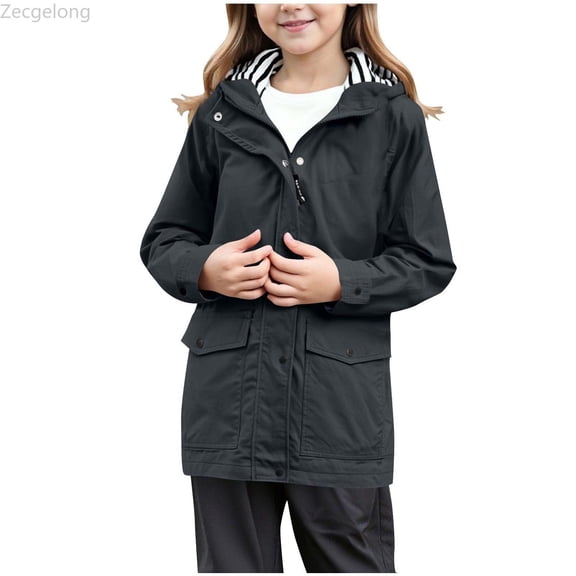 Zecgelong Girls Hooded Windbreaker Jacket Outerwear Coat For Kids Lightweight Raincoat With Adjustable Hood For Outdoor Activities