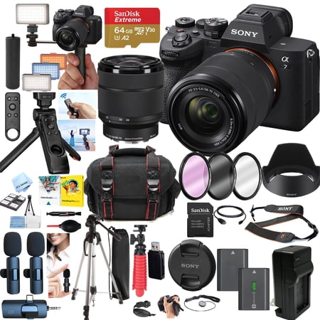 Sony Alpha a7 IV Mirrorless Camera with FE 28-70mm Lens, 33MP Full-Frame, 4K Video, Bundle with 64GB SD Card, Dual Wireless Mics, LED Light & Accessories (International Version)