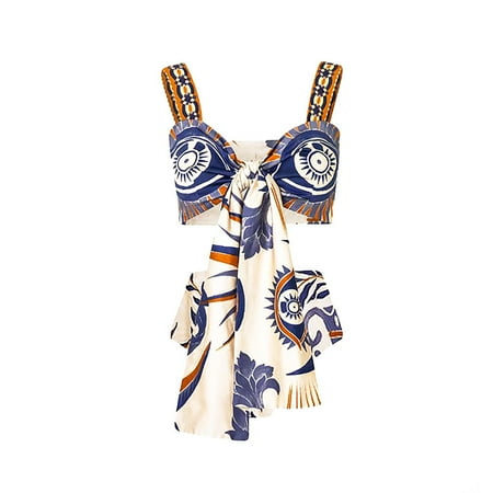 Swimsuits Women Split Bikini Ruffle Sleeves High Waist Trendy Print V-Neck White Womens Bathing Suits S