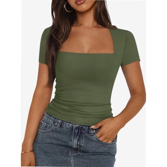 Womens Square Neck Short SleeveTops Spring Summer Slim Fit Tees Shirts