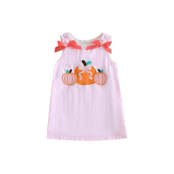 BemeyourBBs Toddler Baby Girl Halloween Dress Outfit Baby Girl Fall Pumpkin Tank Dress Overalls with Bows Pumpkin Ghost Embroidered Striped Sleeveless A-line Dresses Cute Toddler Holiday Party Dress