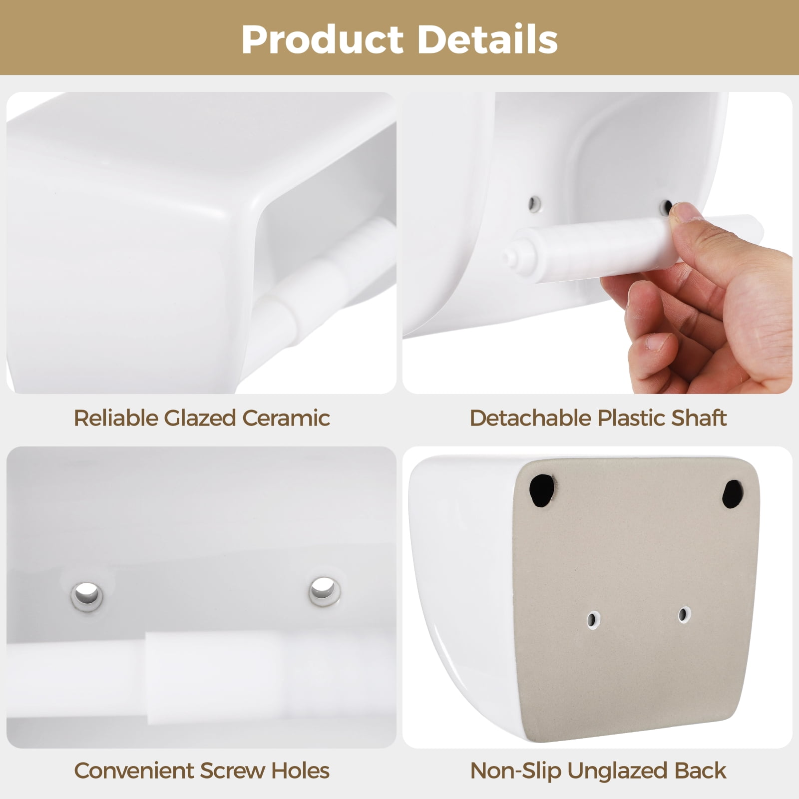 White Ceramic Toilet Paper Holder, Glazed Wall Mounted Tissue Dispenser with Detachable Shaft, Flat Top Shelf, Vintage Style Toilet Roll Holder for Bathroom or Kitchen Use