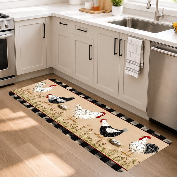 Farmhouse Kitchen Runner Rug 18x48 Inch, Rustic Chicken Rooster Floor Mat with Buffalo Plaid Border, Country Farmhouse Kitchen Decor Rug, Non Slip Runner Mat for Sink, Laundry Room, Bathroom, Entrywa