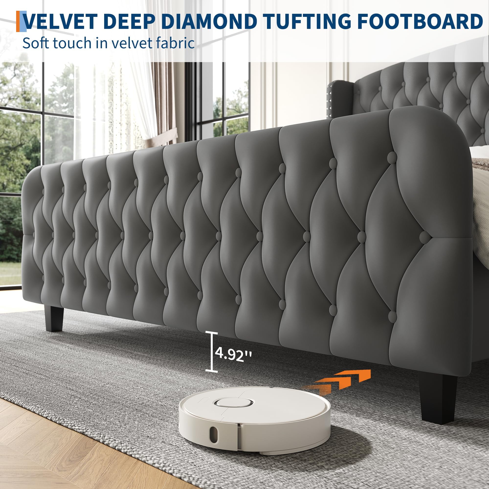 Huisuilinss Queen Bed Frame,King Size Bed Frame,Velvet Upholstered Platform Bed Frame With Deep Button Tufted Wingback Headboard And Footboard,No Box Spring Needed,Easy Assemble