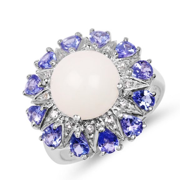 Genuine Round Ethiopian Welo Opal, Tanzanite and White Topaz Ring in Sterling Silver - Size 6.00