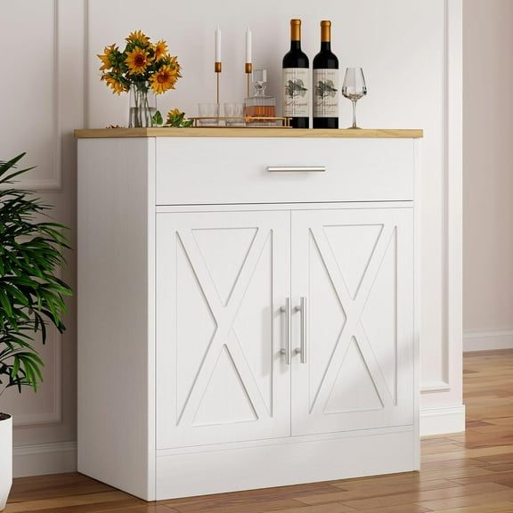 Meilocar Storage Cabinet Farmhouse Sideboard Buffet Cabinet with Storage and Height Adjustable Shelf, Coffee Bar for Living Room, Dining Room, White