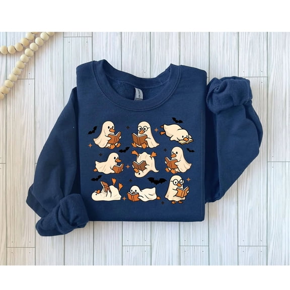 Reading Ghost Ducks Halloween Sweatshirt – Cute Spooky Pullover with Book-Loving Ghosts, Cozy Fall Graphic for Women, Men & Teens