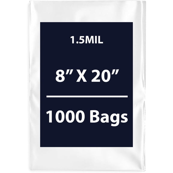 Multiple Sizes Clear Flat Poly Bags - 8"x20" & (1000 Bags) 1.5Mil Flat Open Top Plastic Packaging Packing | Flexible and Durable Plastic Bags | Low-Density Polyethylene (LDPE)