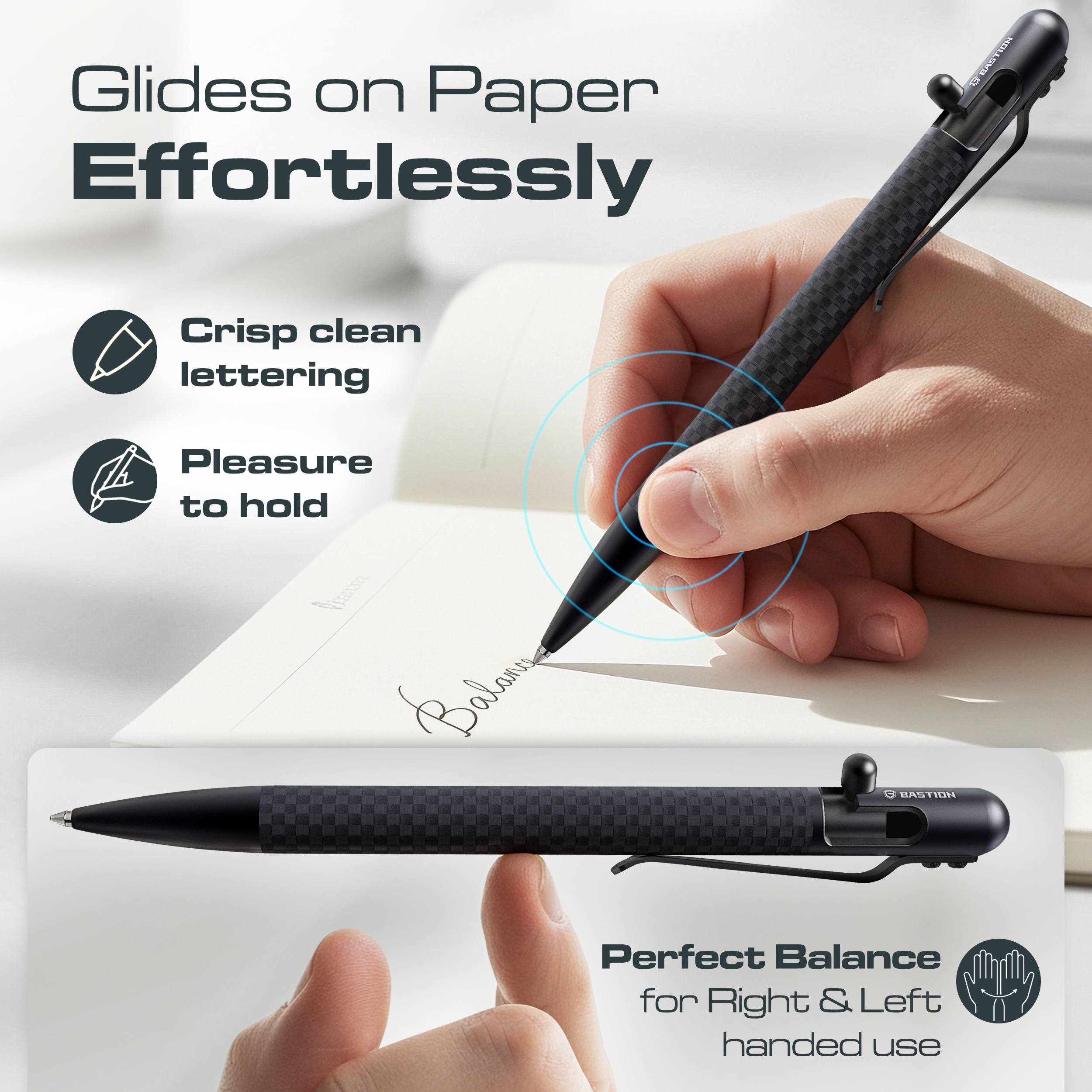 Bastion Carbon Fiber Slim Bolt Action Pen, Black, Ballpoint Refillable, 1 Count